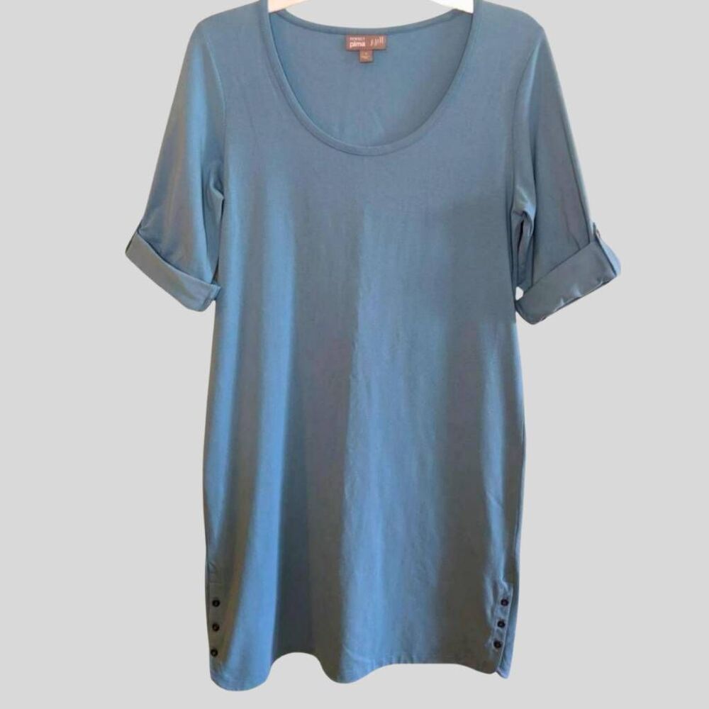 J.Jill Perfect Pima Dress Womens Size Small Blue Cotton Tunic Roll Sleeve Casual